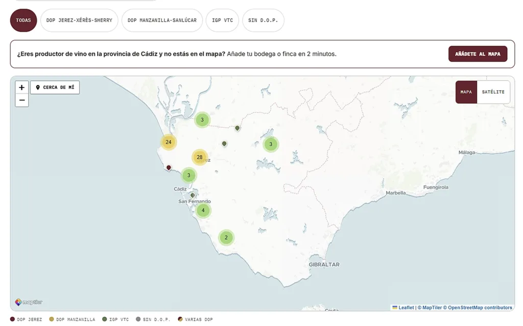 Mapa interactivo de bodegas de Jerez, Sanlúcar y Cádiz con las bodegas marcadas por denominación